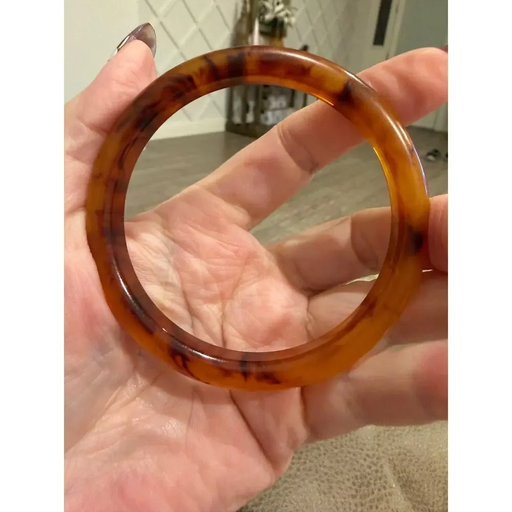 Vintage Bakelite Bangle Bracelet - Marbled Root Beer Amber 8”